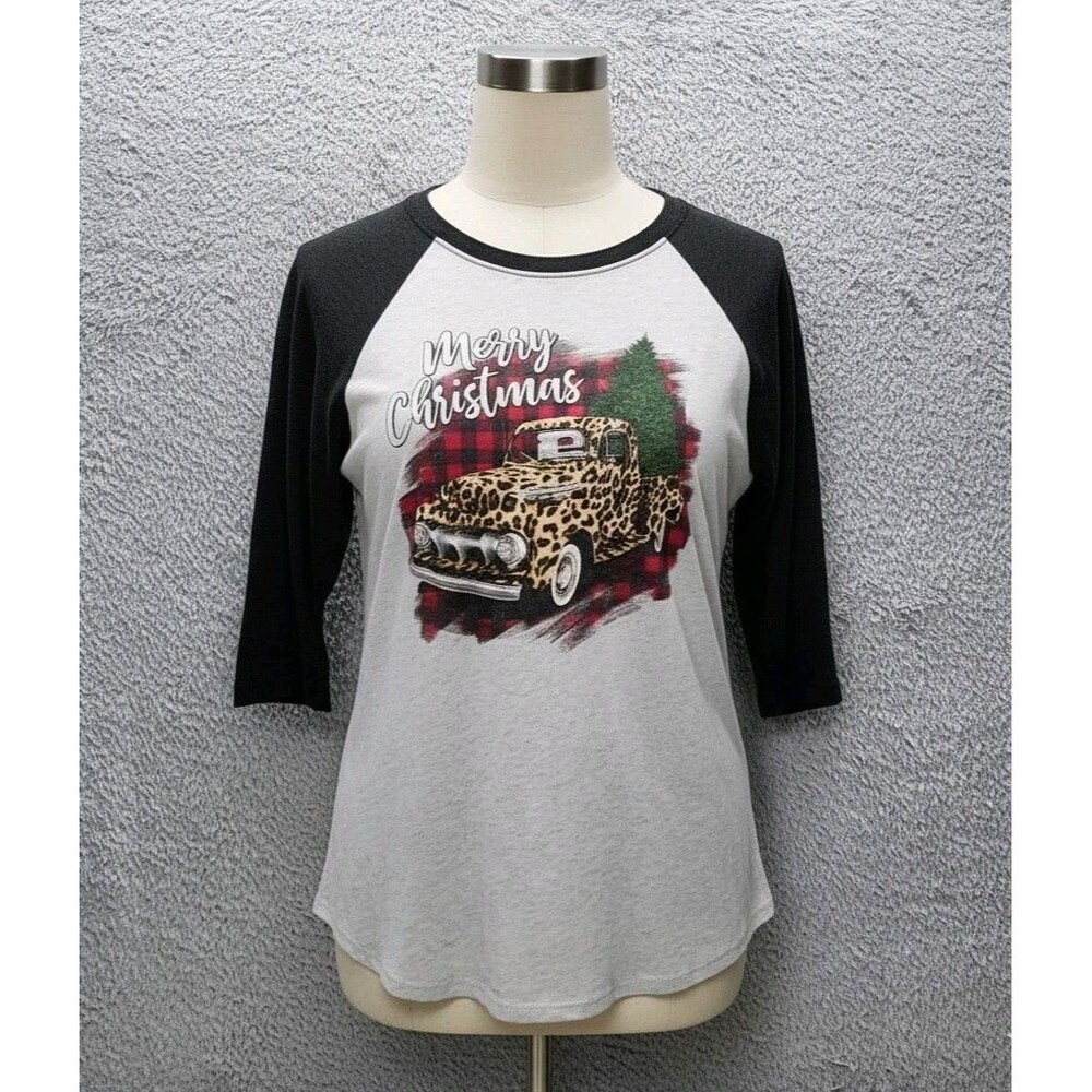 Next Level L Christmas Raglan Tee Leopard Truck Buffalo Plaid 3/4 Sleeve